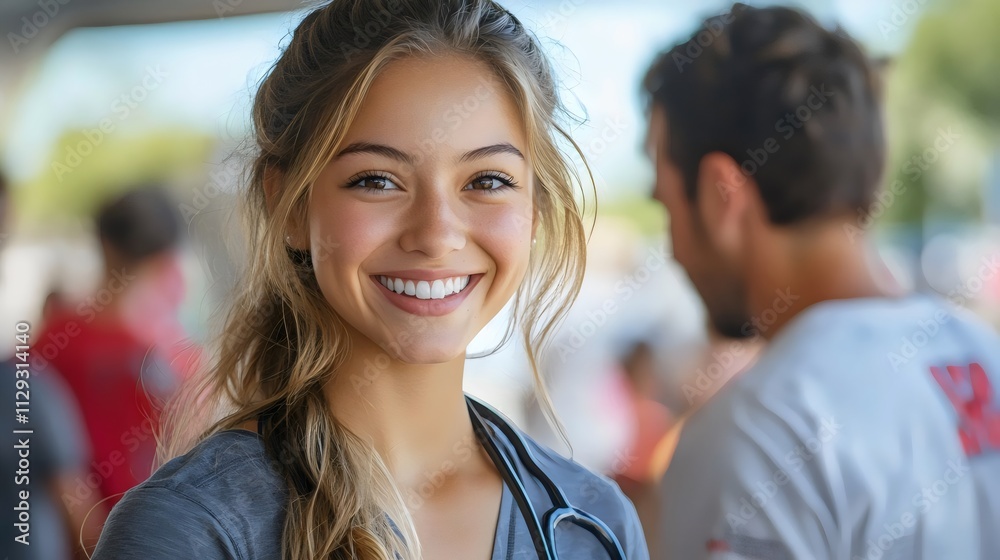 A woman with long blonde hair is smiling A woman with long blonde hair is smiling