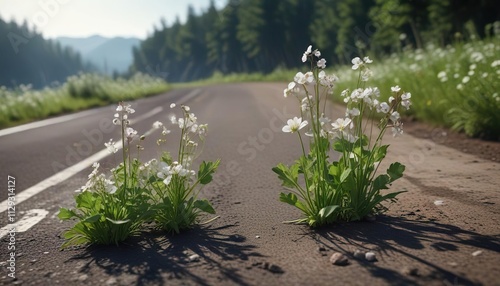 Scenic view of wild radish in full bloom by the side of a road, roadside attraction, outdoors, scenic photo