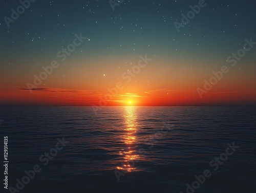 Serene Sunset Over Calm Ocean Water Under Starry Sky