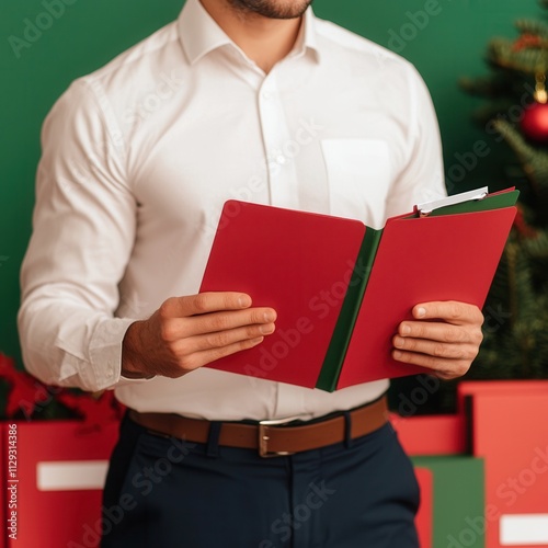 A man in a white shirt holds a red notebook in front of a festive background with Christmas decorations and gift boxes.