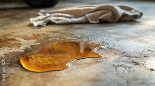 Close-Up of Oil Spill on Concrete Floor with a Soft Cloth Nearby, Highlighting Industrial Cleanup and Maintenance Scenario