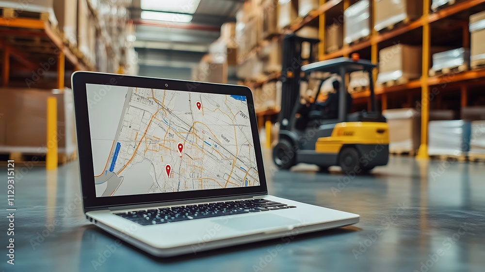 Laptop Displays Warehouse Map Showing Delivery Locations