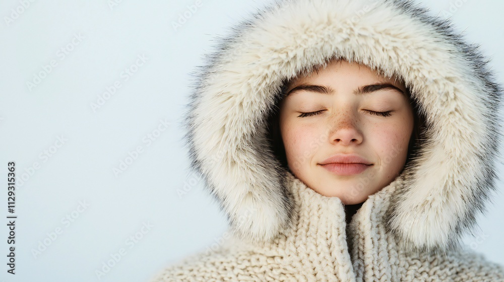 Peaceful Woman in Warm Winter Fur Hood Serene Winter Fashion Peaceful Woman in Warm Winter Fur Hood Serene Winter Fashion