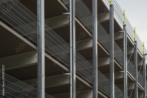 Modern parking garage showing metal grid and structure