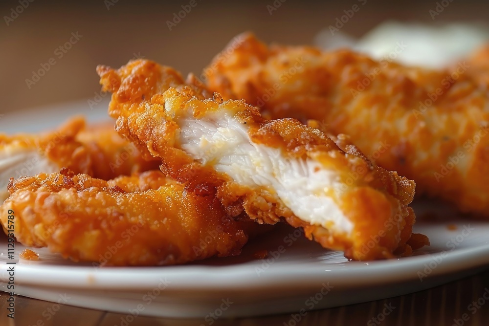 A simple meal of fried chicken strips served on a white plate A simple meal of fried chicken strips served on a white plate
