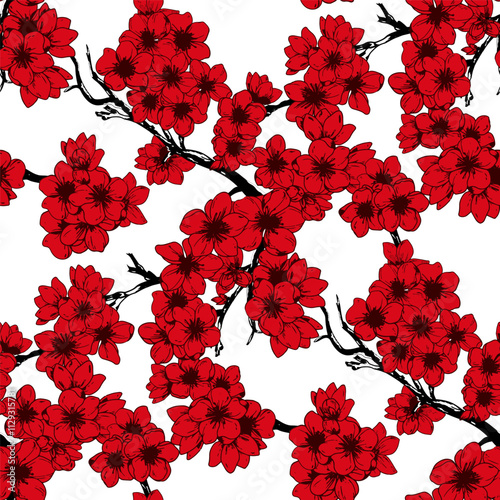 Original drawing red Cherry Sakura blossom flowers  seamless pattern. Trendy floral oriental Japanese print repetitive background