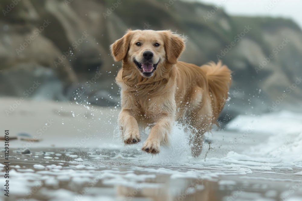 A dog is seen running along the shoreline of a sunny beach, with waves crashing against the shore A dog is seen running along the shoreline of a sunny beach, with waves crashing against the shore