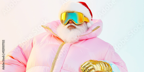 Flamboyant Santa posing with shiny googles and pink bomber jacket photo