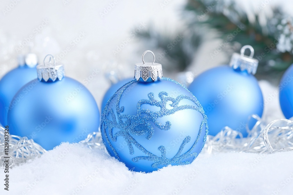A cluster of blue glass ornaments lies scattered on snowy ground, perfect for winter wonderland scenes or festive decorations A cluster of blue glass ornaments lies scattered on snowy ground, perfect for winter wonderland scenes or festive decorations