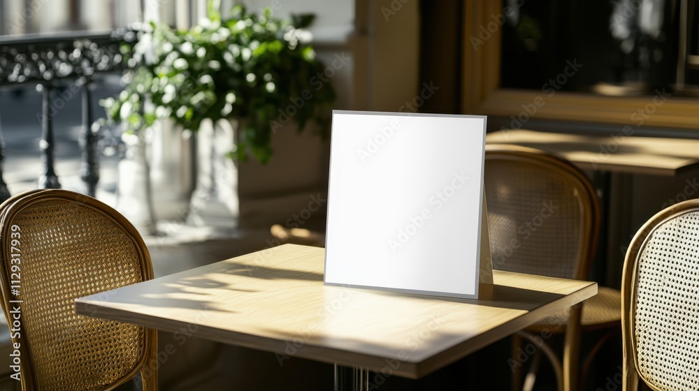 Blank Menu Stand on Table at Outdoor Cafe in Sunlight Blank Menu Stand on Table at Outdoor Cafe in Sunlight