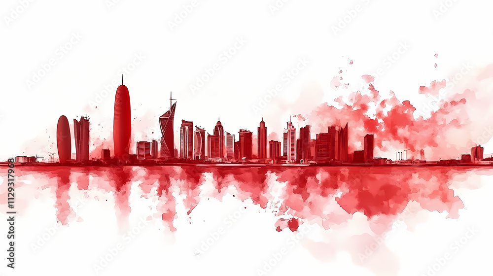 Bahrain national day vibrant red watercolor cityscape skyline with modern urban architecture. Horizon. Illustration Bahrain national day vibrant red watercolor cityscape skyline with modern urban architecture. Horizon. Illustration