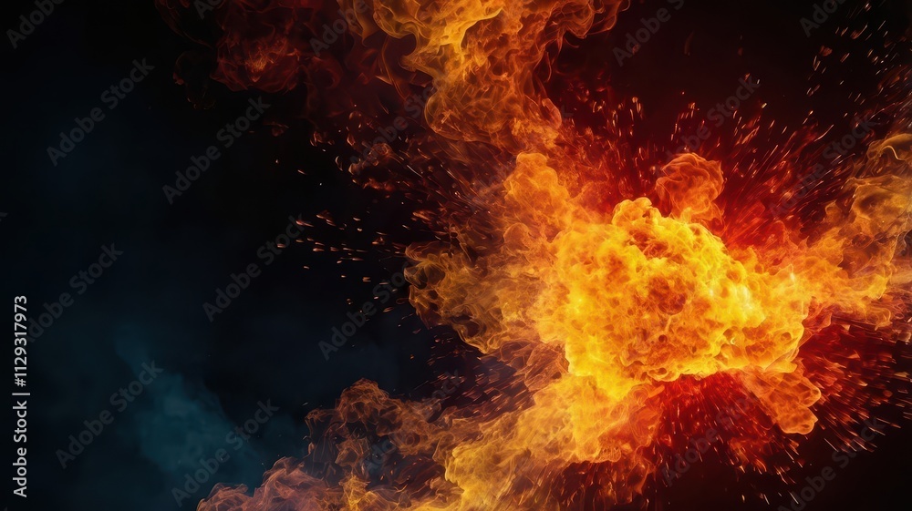 Fiery explosion with glowing flames and dark smoke swirling against a black background, creating a dramatic and intense scene Fiery explosion with glowing flames and dark smoke swirling against a black background, creating a dramatic and intense scene