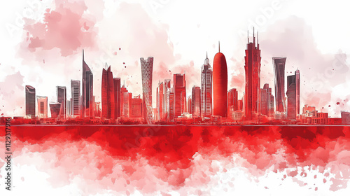 Bahrain national day vibrant red watercolor cityscape skyline with modern urban architecture. Horizon. Illustration photo