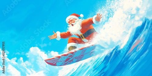 Santa joyfully riding a wave, with a humorous expression, in a Christmas-themed illustration. photo