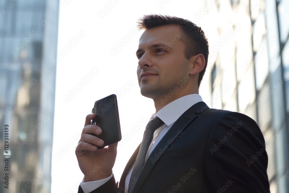 Confident Young Businessman Smiling While Using Smartphone in Urban Environment Confident Young Businessman Smiling While Using Smartphone in Urban Environment