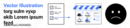 Checklist with three items pointing to an e-commerce store displaying products, next to an unhappy face. Ideal for customer feedback, online shopping experience, website evaluation, user