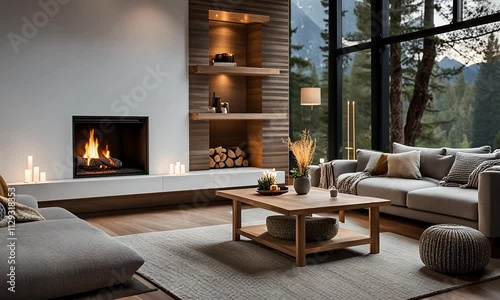 Cozy living room with fireplace, sectional sofa, and mountain view.