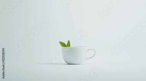 Freshly brewed herbal tea in minimalist white cup with mint leaves