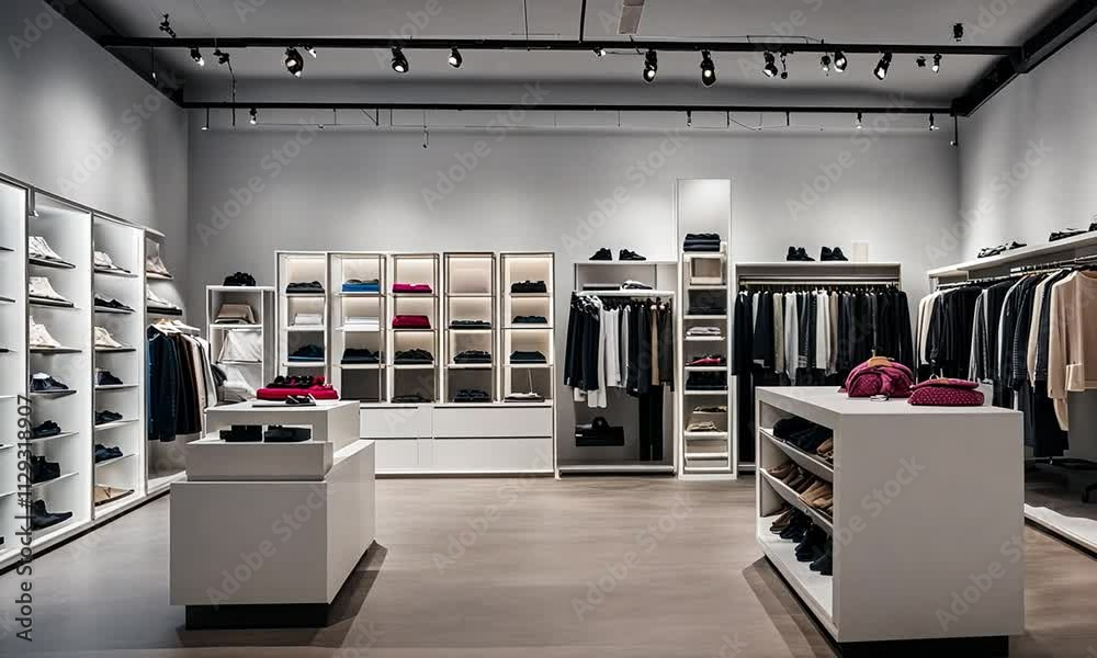 Modern minimalist clothing boutique interior with shoes, apparel, and accessories neatly displayed on shelves and racks.
