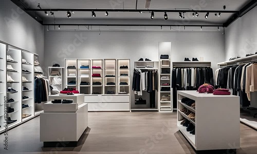 Modern minimalist clothing boutique interior with shoes, apparel, and accessories neatly displayed on shelves and racks.