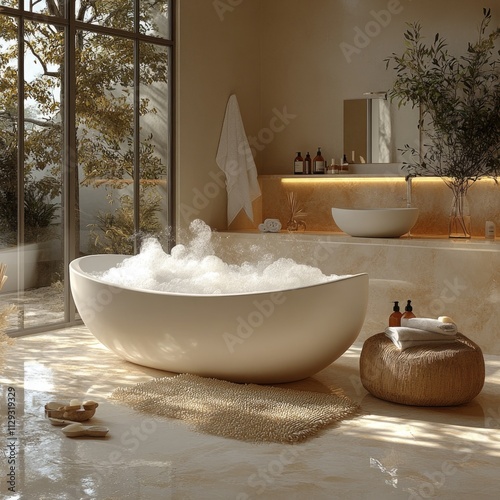 A bathroom scene with a bathtub filled with bubbles, great for spa or relaxation concepts photo