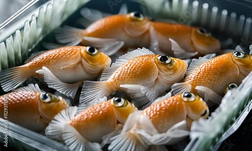 Close-up of several orange fish in a plastic container.