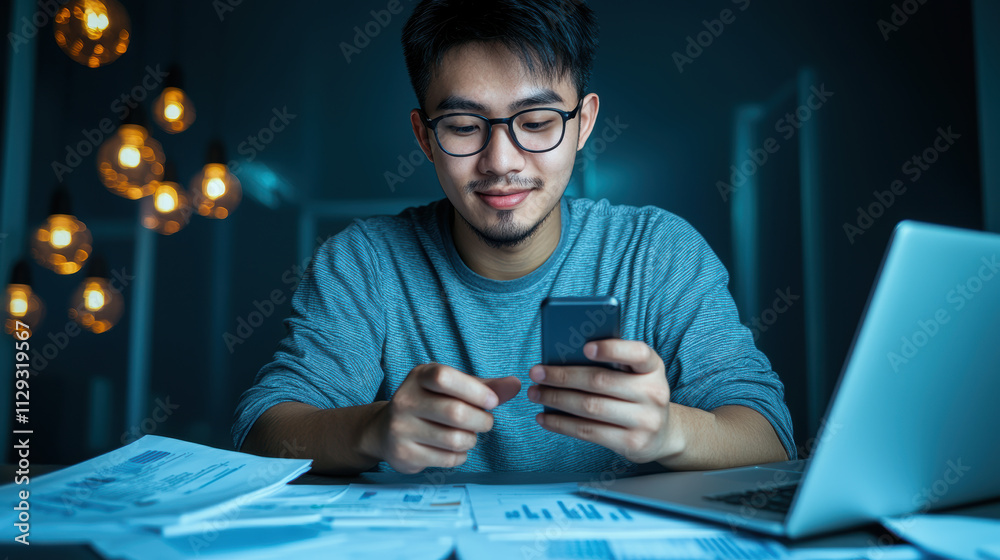 Young entrepreneur using smartphone in modern workspace, analyzing data Young entrepreneur using smartphone in modern workspace, analyzing data