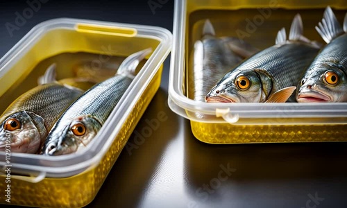 Freshly caught fish in yellow plastic containers.