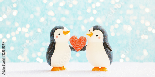 Cute two penguins holding each other with love symbol, winter theme photo