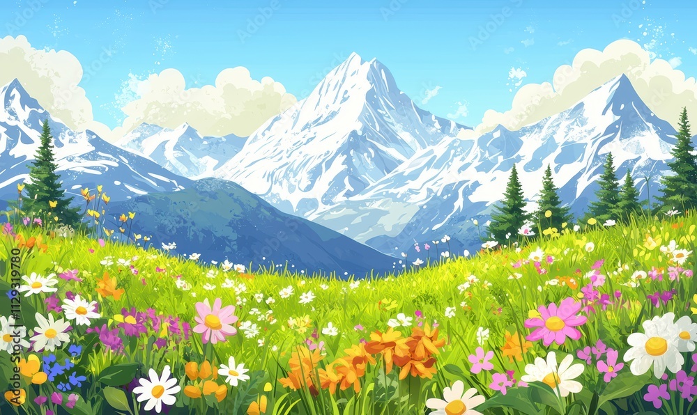 Fototapeta premium A vibrant landscape featuring colorful flowers in a meadow, with majestic snow-capped mountains under a bright blue sky.