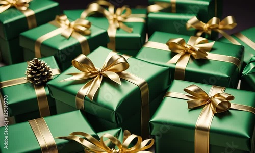 Many emerald green gift boxes with gold ribbons and bows.