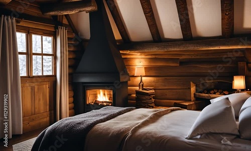 Cozy cabin bedroom with fireplace, warm lighting, and a comfortable bed.