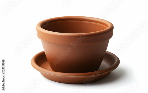 Brown clay flower pot with saucer, isolated on white background, clipping path,, AI Generated