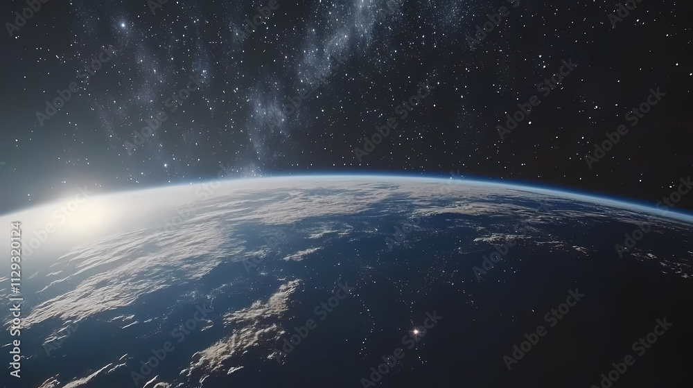 Earth from space with starry sky. stunning view of our planet earth from space, showing the blue horizon and the milky way galaxy in the background. Horizon. Illustration Earth from space with starry sky. stunning view of our planet earth from space, showing the blue horizon and the milky way galaxy in the background. Horizon. Illustration