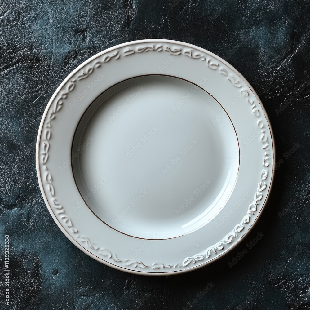 A simple white plate sitting on top of a table, ready for use A simple white plate sitting on top of a table, ready for use