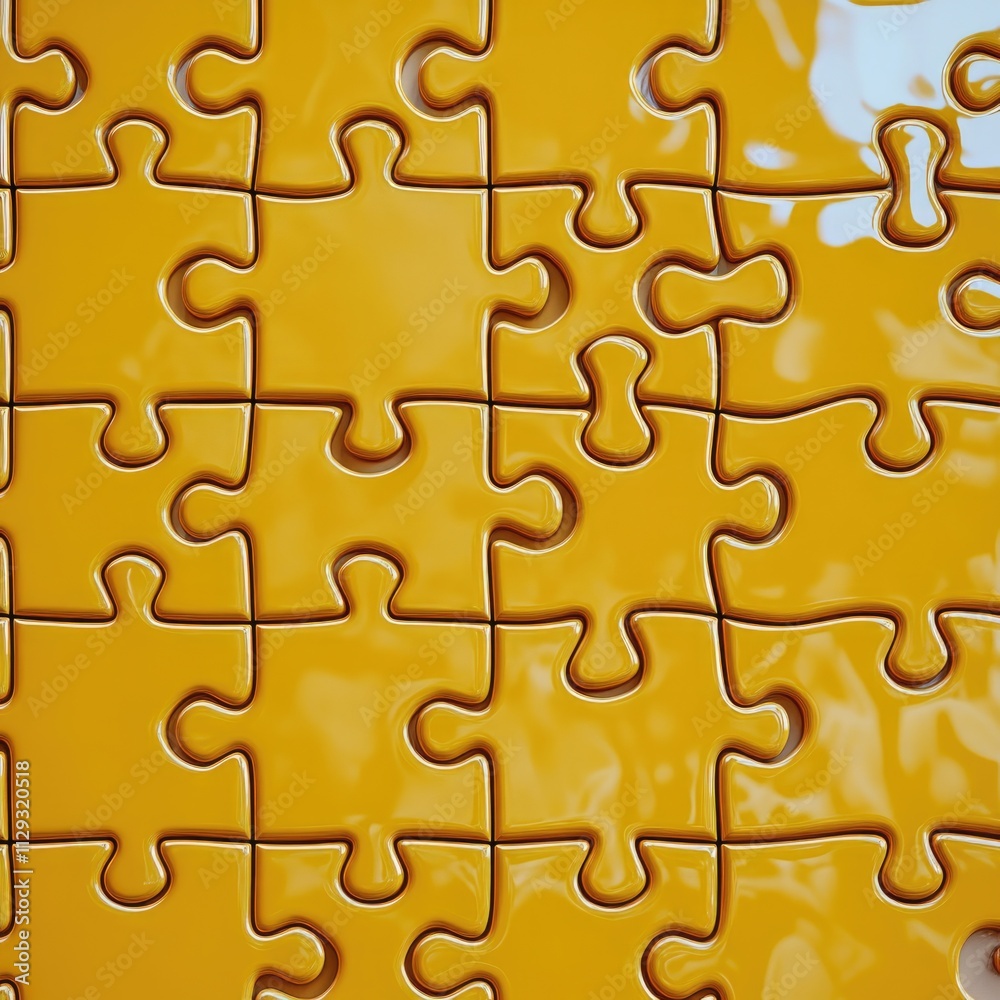 A detailed view of a single yellow puzzle piece with smooth surface and sharp edges A detailed view of a single yellow puzzle piece with smooth surface and sharp edges
