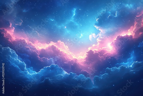 Dreamlike sky with vibrant clouds and twinkling stars creating a galactic fantasy scene