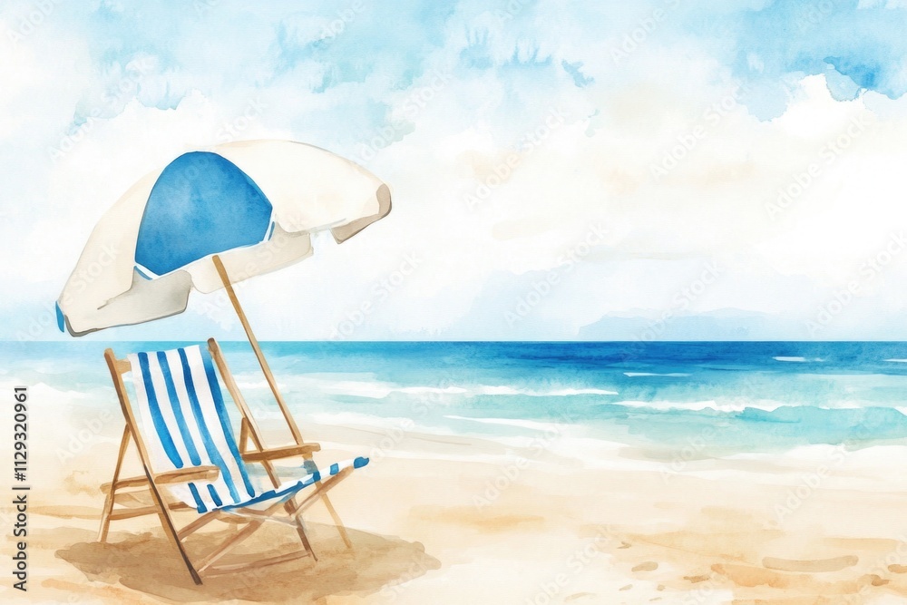 A simple yet cozy scene of a chair and umbrella on a sunny beach, perfect for relaxation or as a prop for your next photo shoot A simple yet cozy scene of a chair and umbrella on a sunny beach, perfect for relaxation or as a prop for your next photo shoot