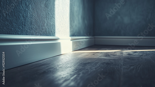 Soft natural light entering a corner of an empty room with wooden flooring and textured blue walls, creating a serene atmosphere