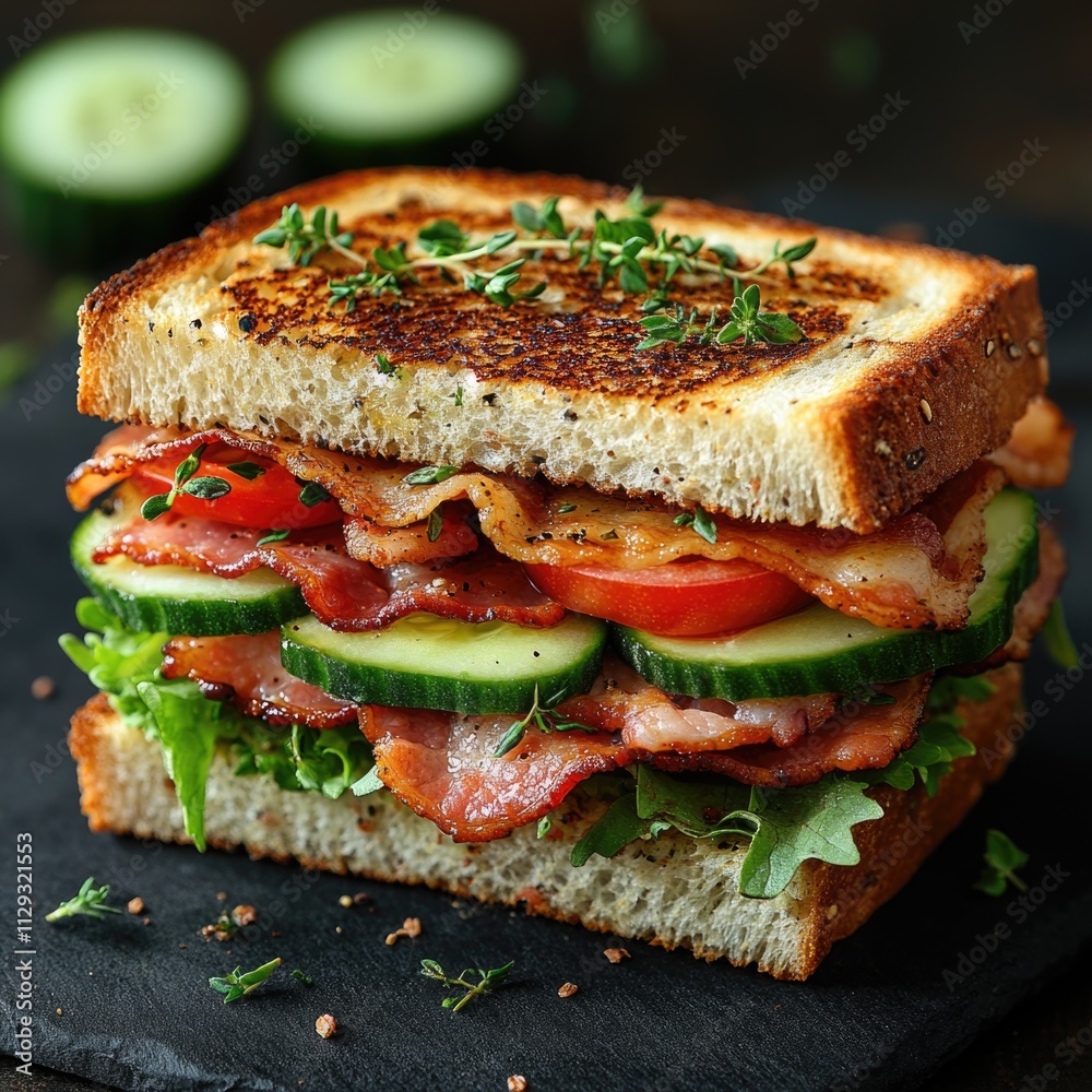 A detailed view of a freshly prepared sandwich on a clean cutting board, ready for serving A detailed view of a freshly prepared sandwich on a clean cutting board, ready for serving