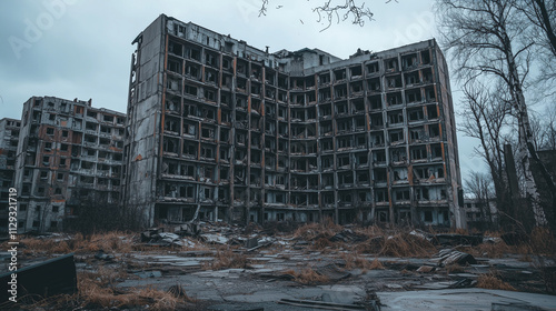 Abandoned, dilapidated apartment building surrounded by overgrown vegetation in a desolate urban environment