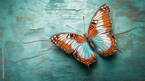 Resting on a tactile ground of teal, a dazzling butterfly showcases its splendid wings colored in a harmonious mix of orange and white