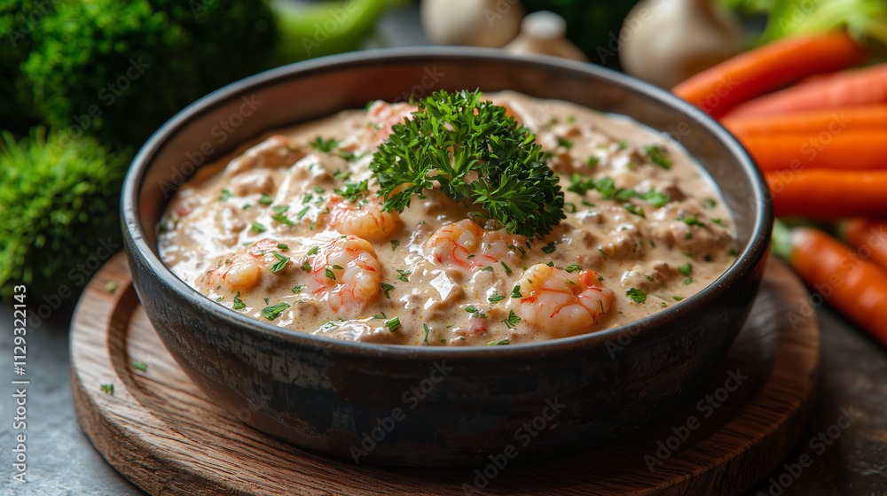 Creamy shrimp and beef stew garnished with parsley served in a rustic bowl, surrounded by fresh vegetables Creamy shrimp and beef stew garnished with parsley served in a rustic bowl, surrounded by fresh vegetables