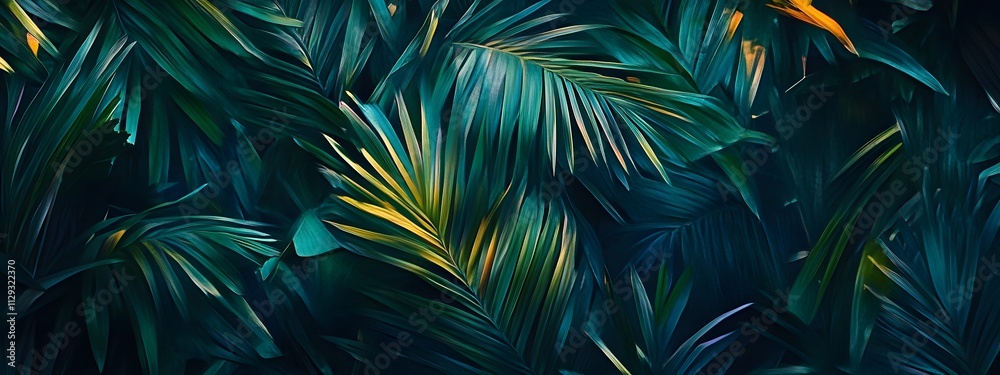 A seamless pattern of dark green palm leaves, creating an atmosphere reminiscent of the jungle A seamless pattern of dark green palm leaves, creating an atmosphere reminiscent of the jungle