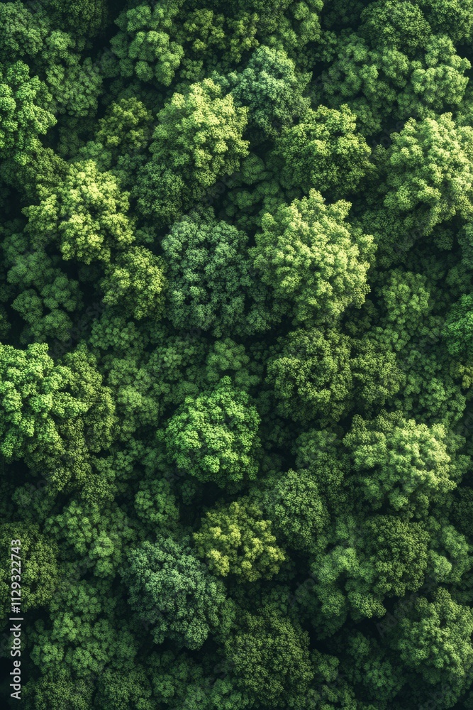 A lush, dense canopy of green trees viewed from above, showcasing the vibrant diversity of foliage in a forest ecosystem.