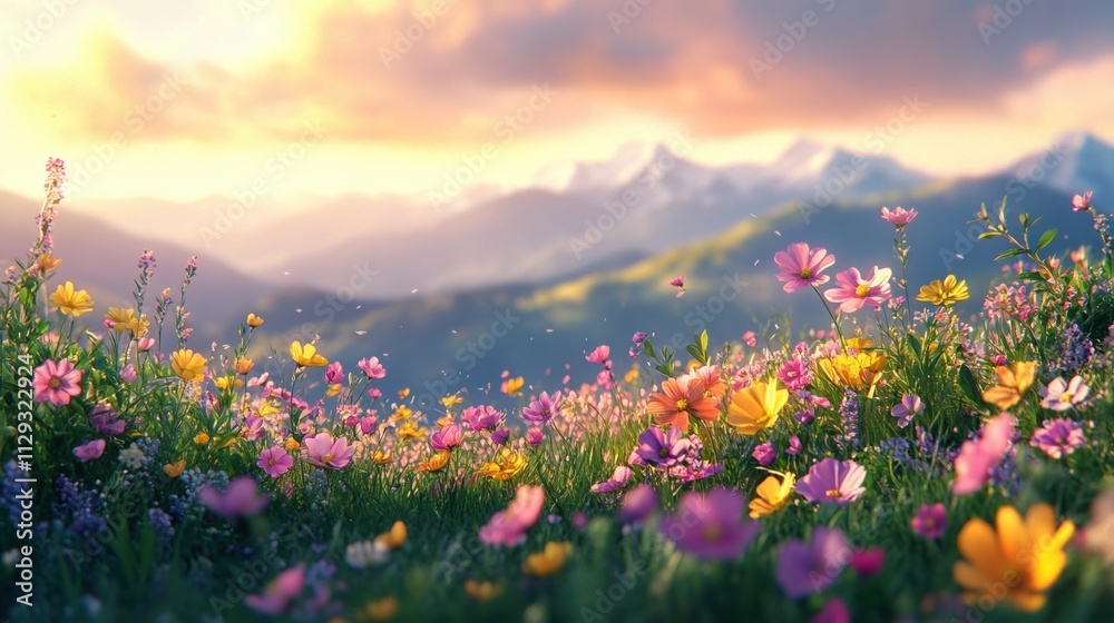 Vibrant wildflowers in blooming sunset mountain landscape Vibrant wildflowers in blooming sunset mountain landscape