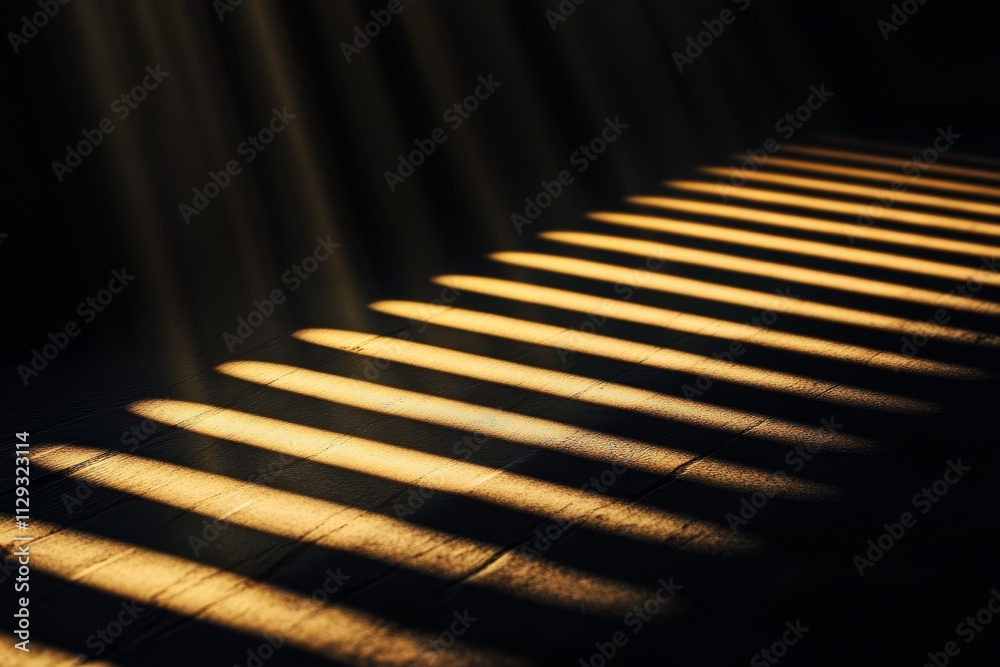 Light beams cast parallel shadows on dark wooden floor. Light beams cast parallel shadows on dark wooden floor.