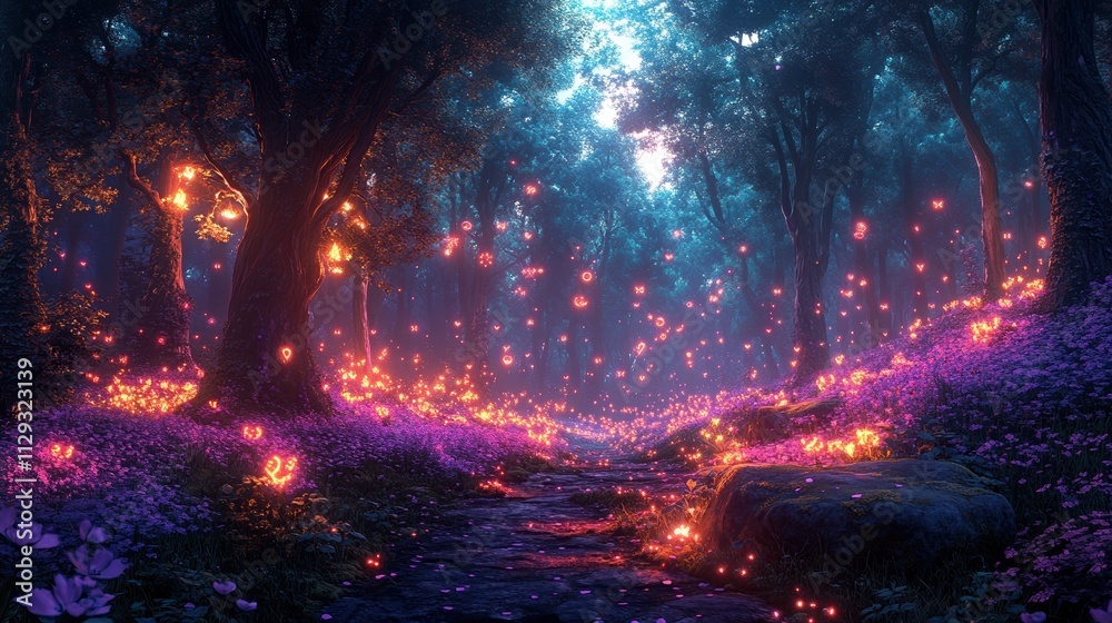 Enchanted forest with glowing fireflies and luminous flowers at twilight Enchanted forest with glowing fireflies and luminous flowers at twilight