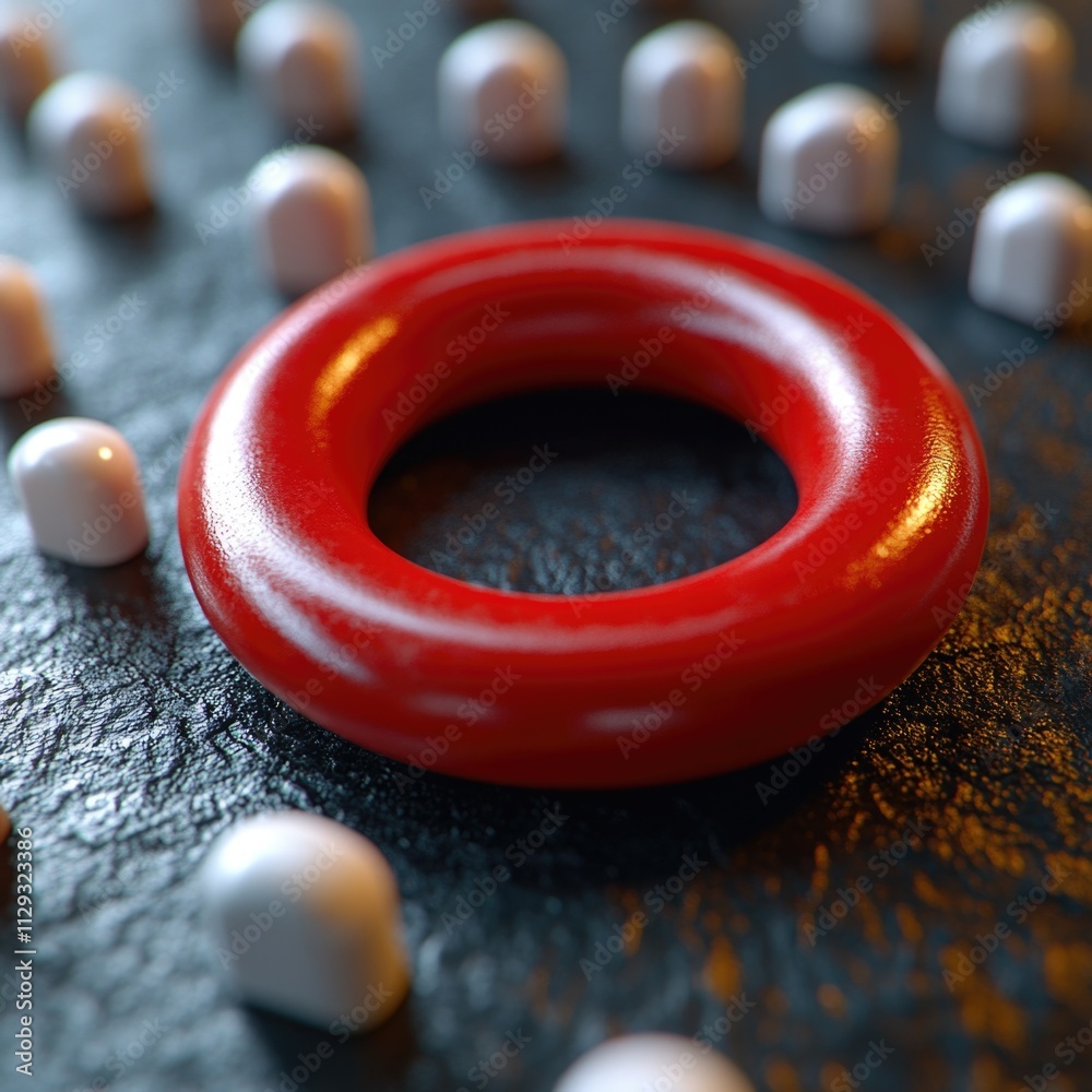 A small red ring surrounded by tiny white balls, possibly used for decoration or play A small red ring surrounded by tiny white balls, possibly used for decoration or play