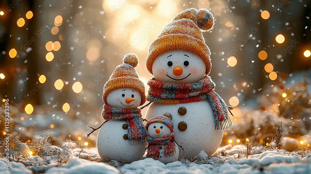 Snowman Family with Colorful Scarves and Hats in Snowy Forest Snowman Family with Colorful Scarves and Hats in Snowy Forest
